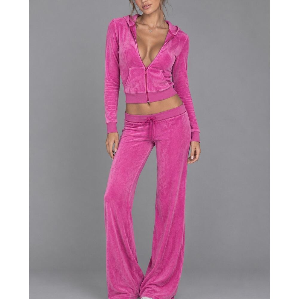 Y2K Vintage Hot Pink Velour Tracksuit Small Glitter Piping Low Rise McBling